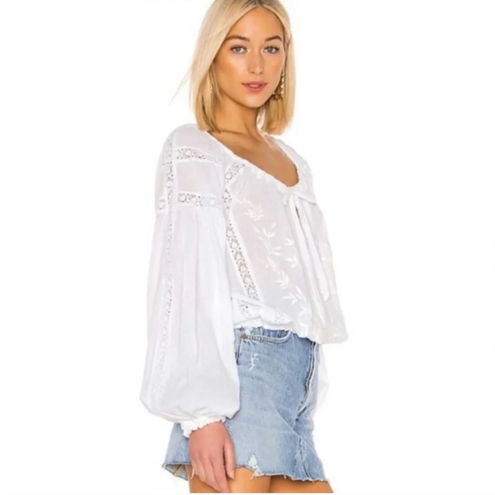 Free People Maria Maria White Embroidered Lace Boho Blouse Top Size M Excellent